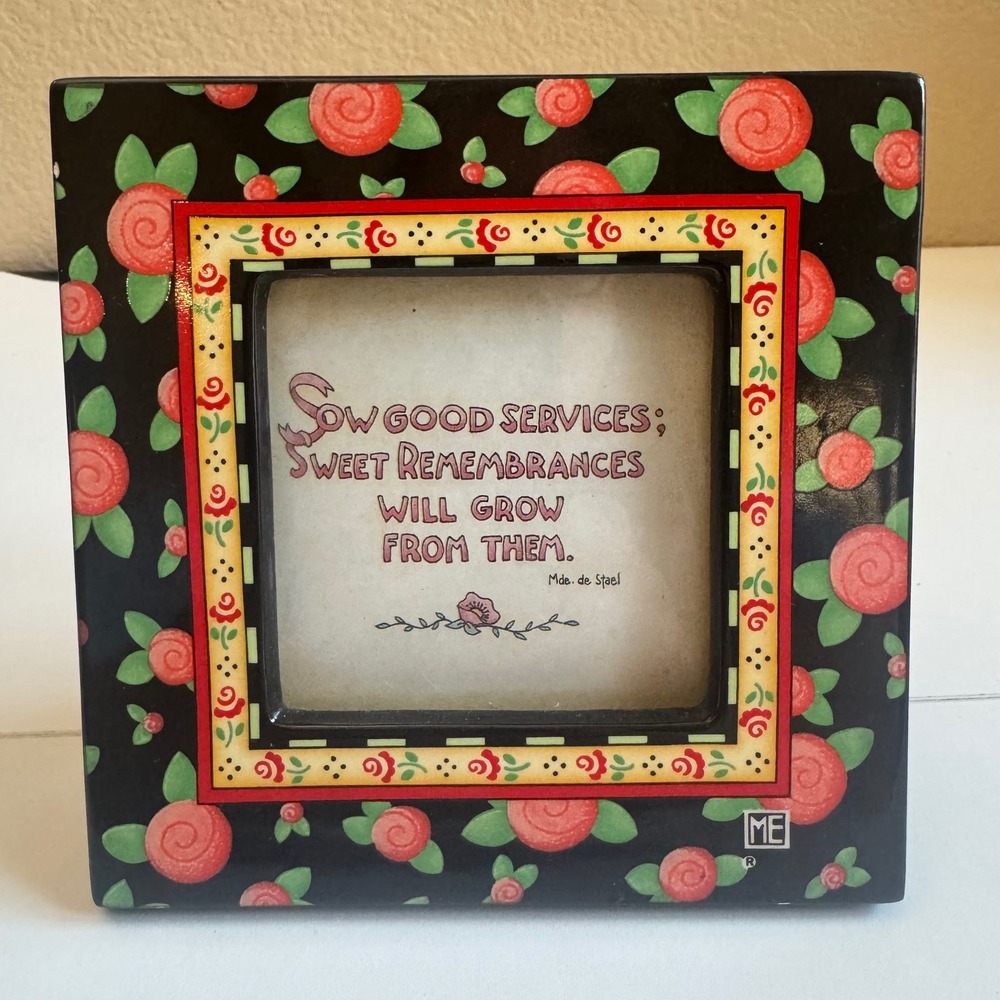 Mary Engelbreit Charpente 1996 Floral Rose Ceramic Picture Frame 5x5 Quote